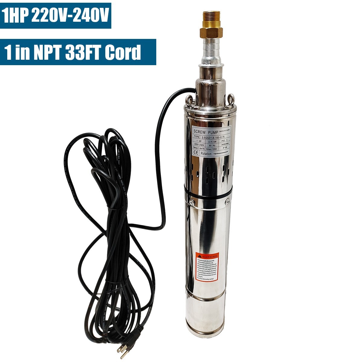 3.5" OD 1HP Deep Well Submersible Pump 328 ft Max long life 230V 8GPM 33ft Cord