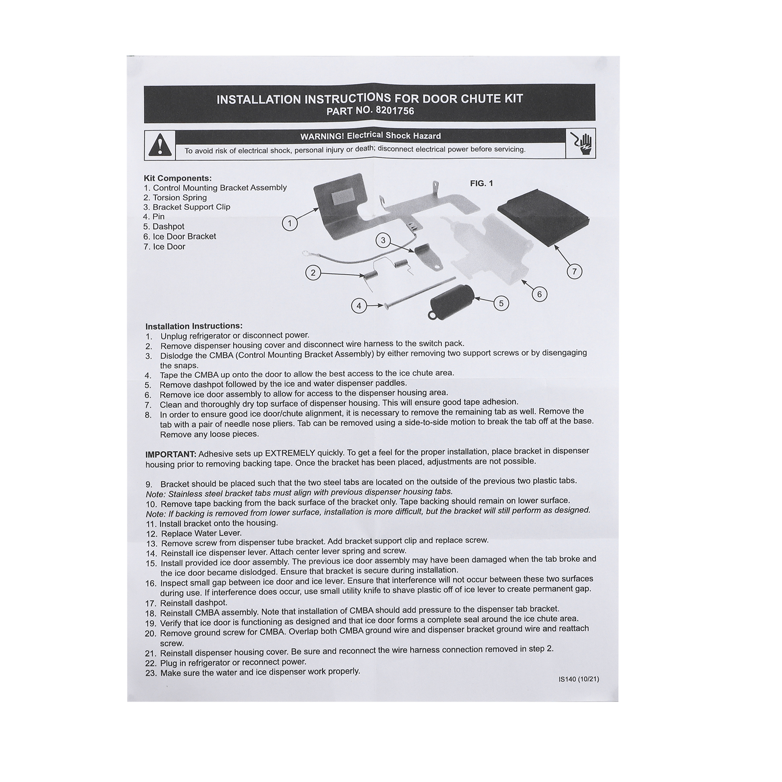 Ice Dispenser Door Chute Repair Kit for Whirlpool W10823377 WP2180353 8201756