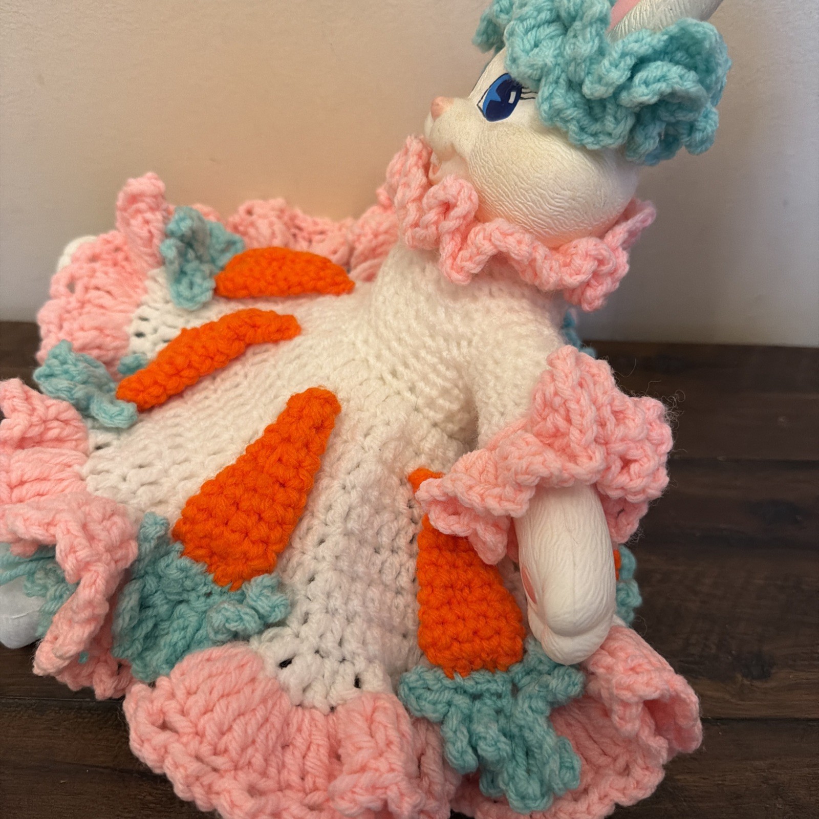 Vintage Easter Bunny Doll Handmade Crochet Carrot Dress Vinyl Rabbit Toy Decor