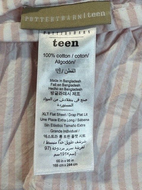 Pottery Barn Teen Washed Cotton Ruffle Stripe Sheet Set, XL Twin, Powdered Blush