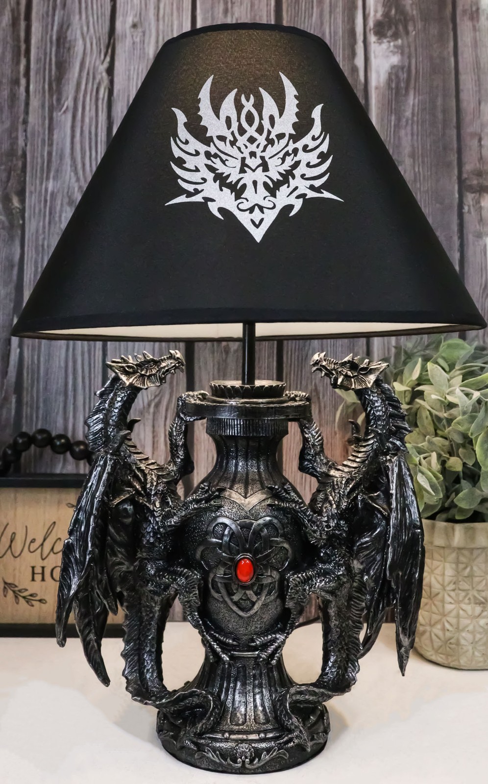 Ebros Gothic Climbing Dual Dragon Desktop Table Lamp Statue Decor & Shade 19"H