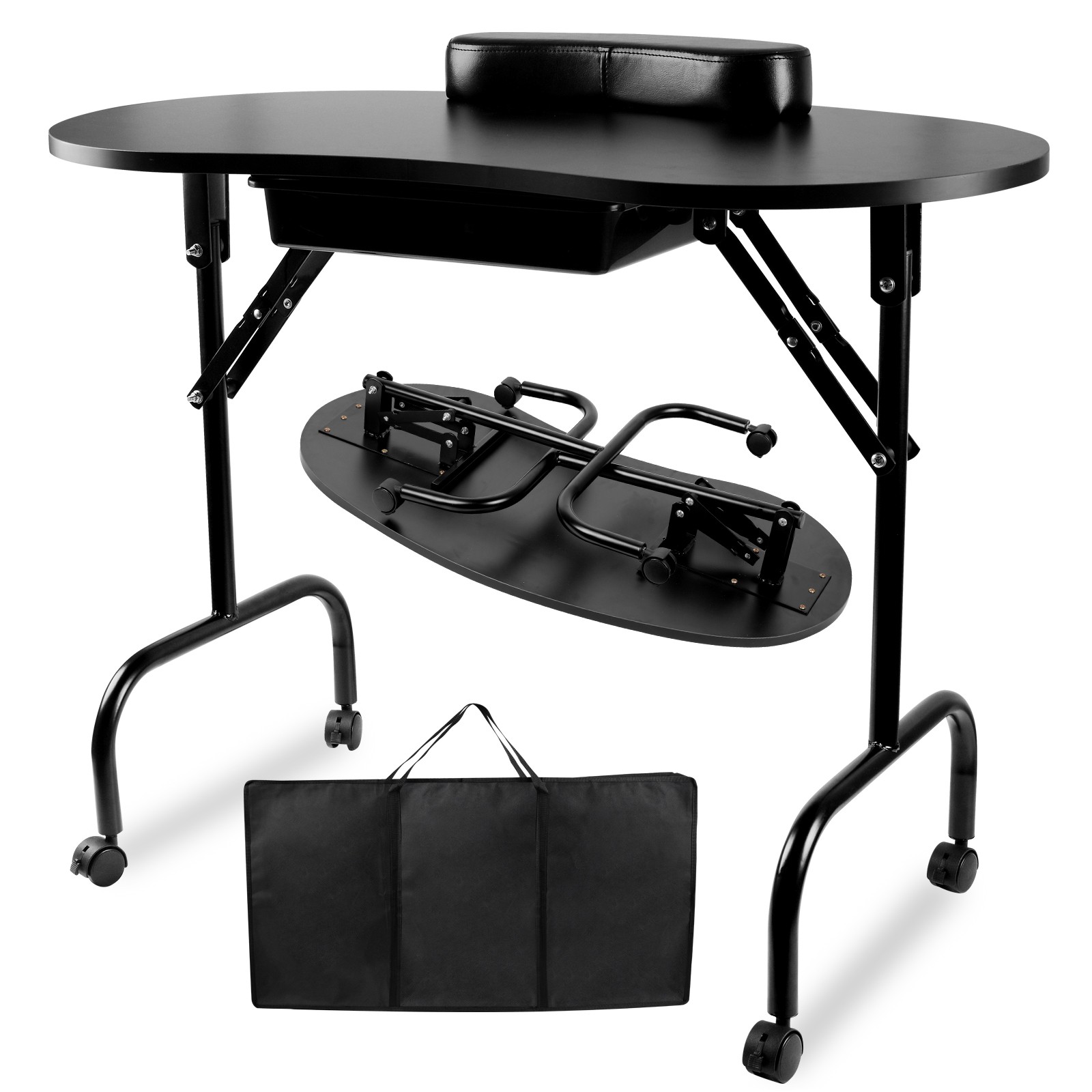 Black Portable Manicure Table Folding Nail Desk Beauty Salon Spa w/Wheels & Bag