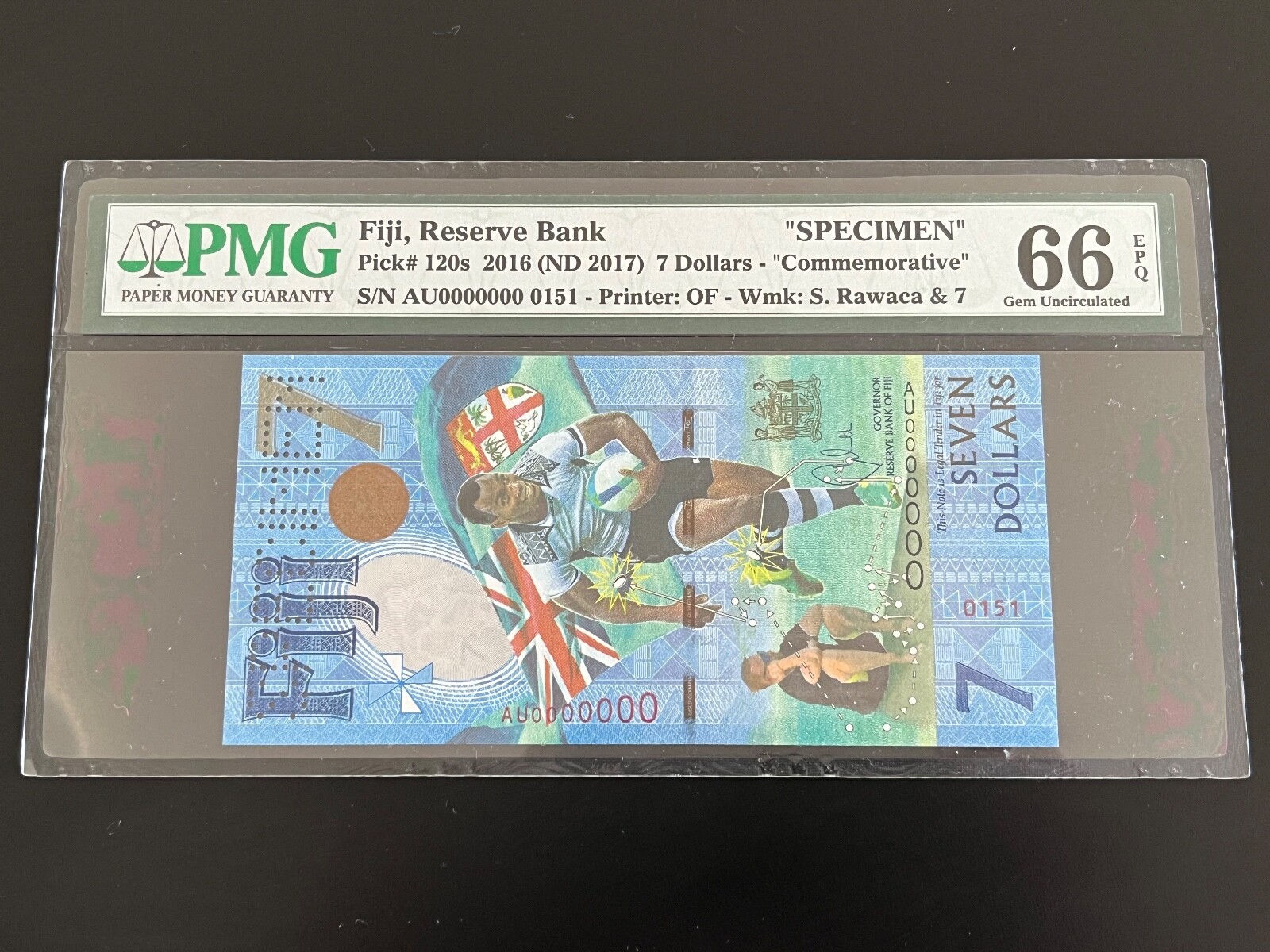 2016 (2017) Fiji 7 Seven Dollars Banknote Specimen Commemorative PMG 66 Graded