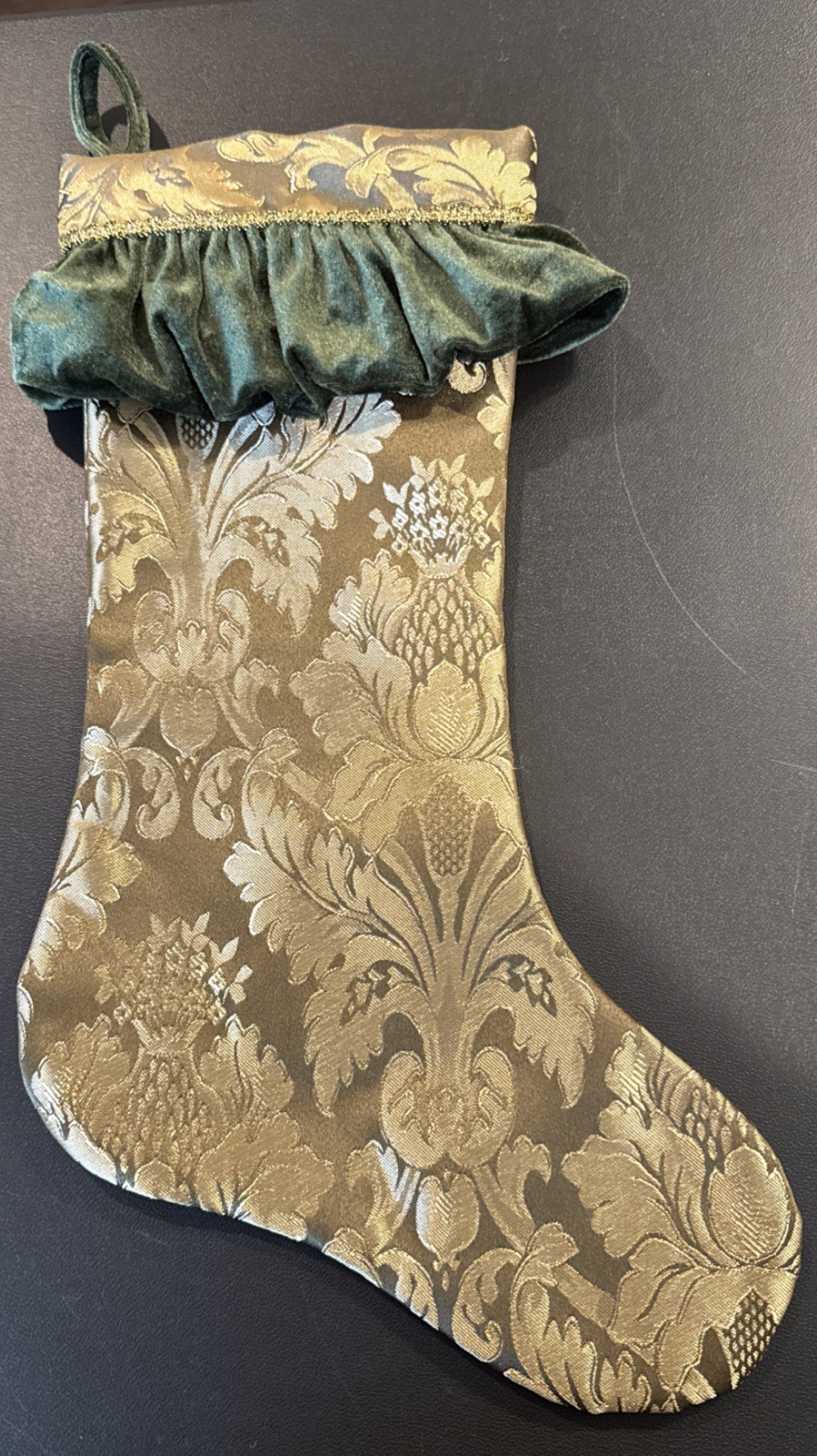 Victorian Style Damask Gold Fabric Green Velvet Trim Christmas Stocking 17” NEW