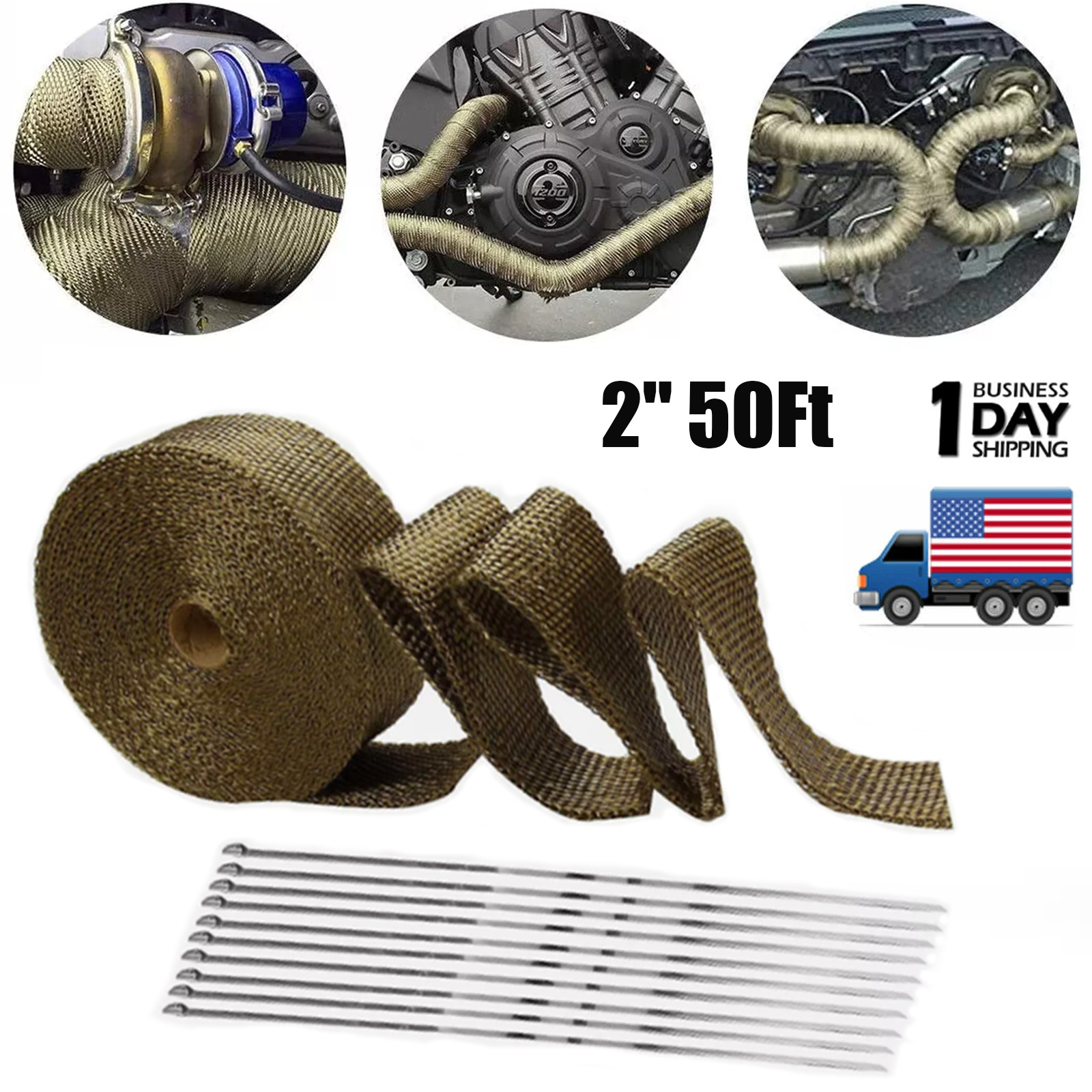 2" 50FT Titanium Exhaust Wrap Manifold Header Pipe Heat Wrap Tape w/ 10 Ties Kit