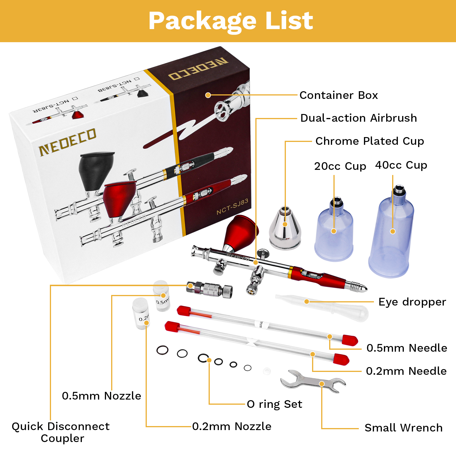 NEOECO SJ83 Airbrush, Self-Centring Plug-in Nozzle, Dual Action Air Brush Set