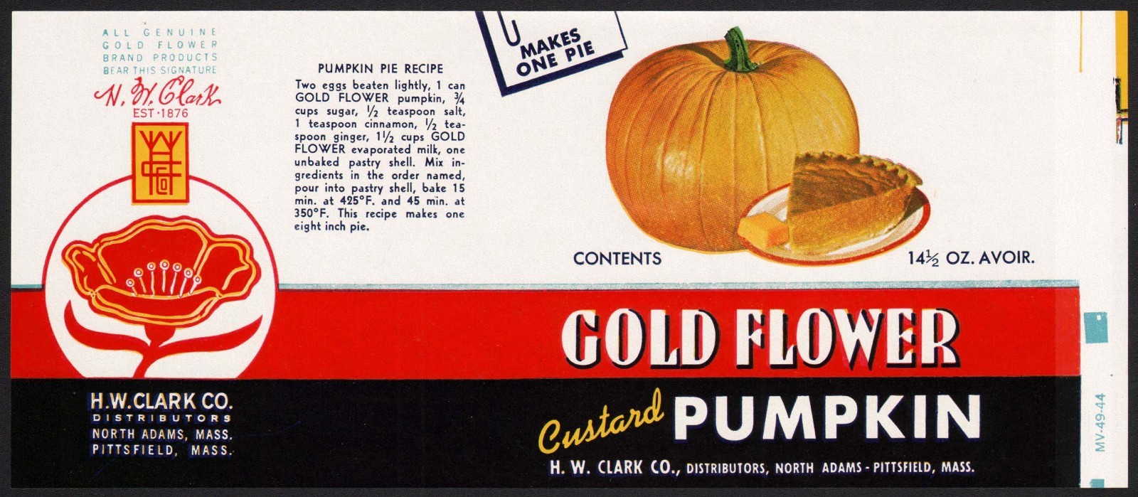 Vintage label GOLD FLOWER Pumpkin pie pic H W Clark North Adams Pittsfield Mass