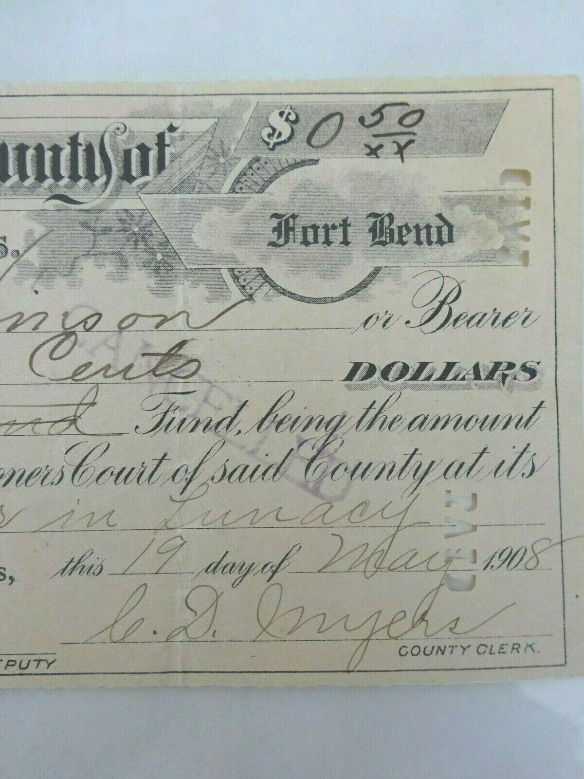 1908 County of Fort Bend, Texas Check Lone Star Seal