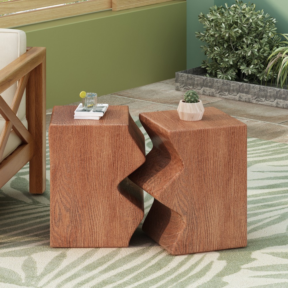 Set of 2 Rectangular Outdoor Side Tables Decorative Garden Stools Accent Table