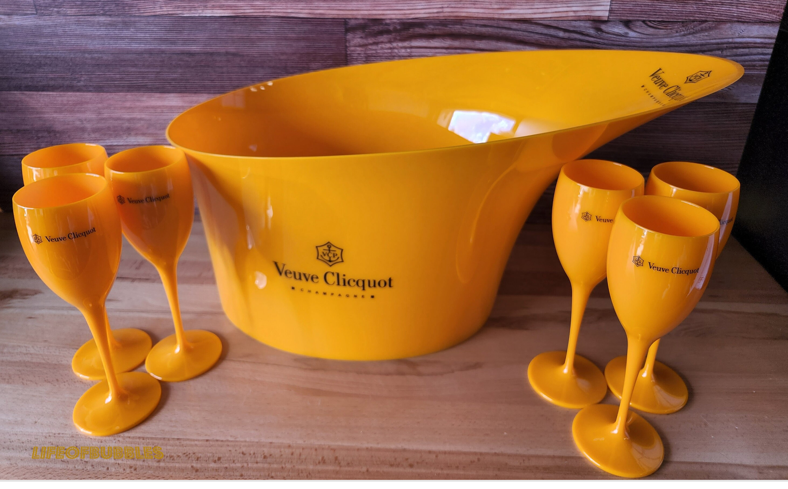 Veuve Orange Plastic Champagne Flute Glass | Matching Ice Bucket Set Options