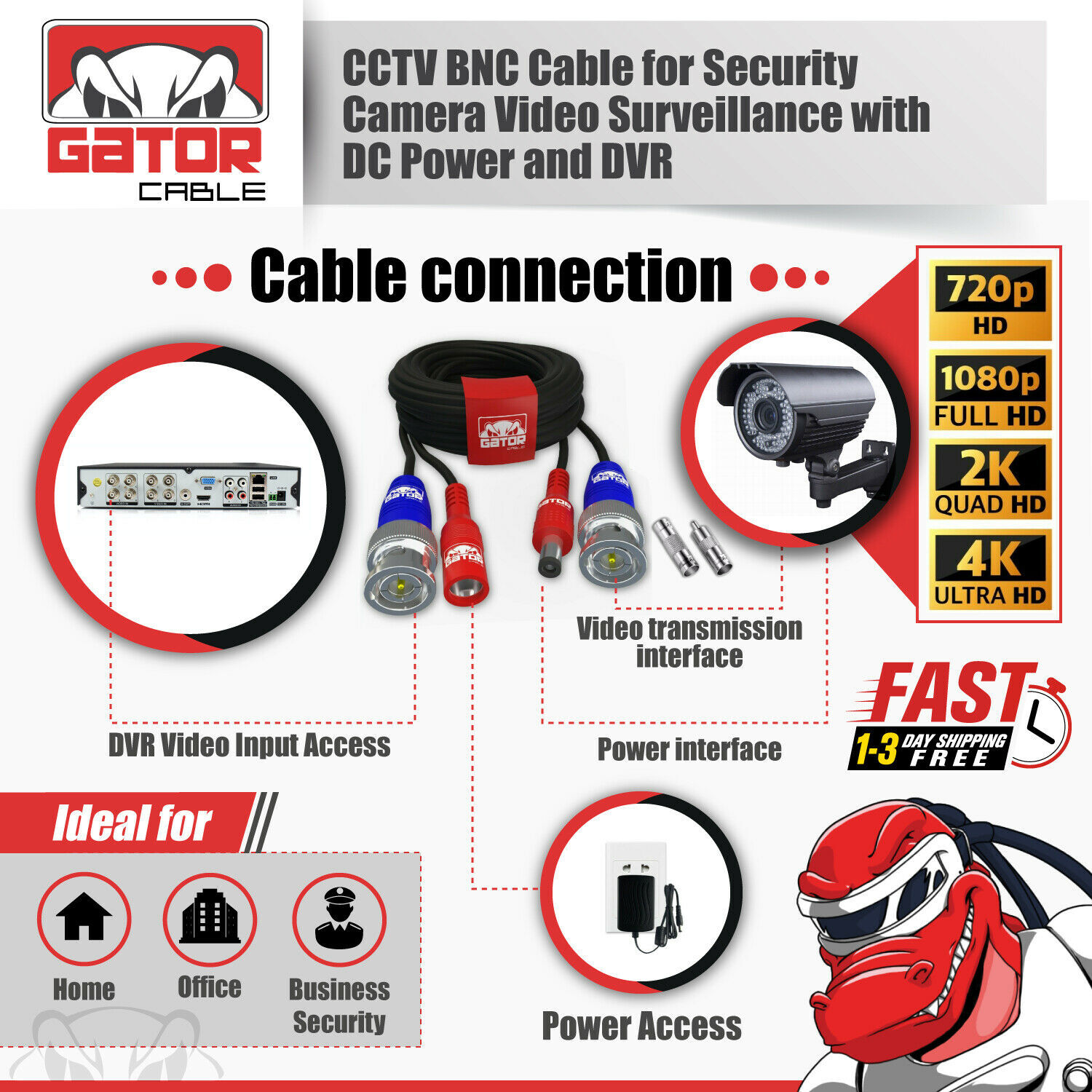 CCTV Cable Camera Security Surveillance BNC Extension Wire DC Power Video DVR HD