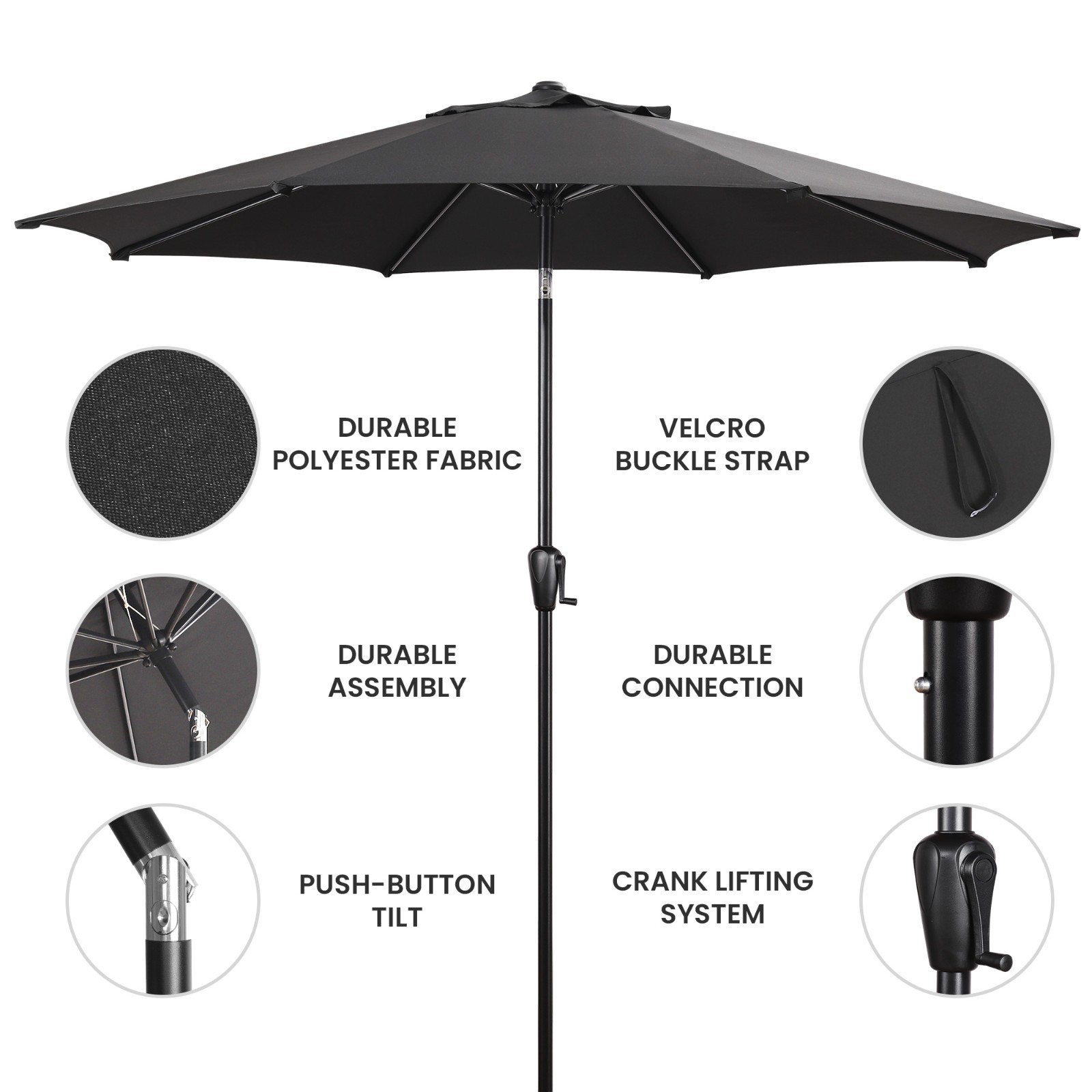 Sun-Ray 9' Round Patio Umbrella with Push-Button Tilt & Crank Lift, Multi Colors