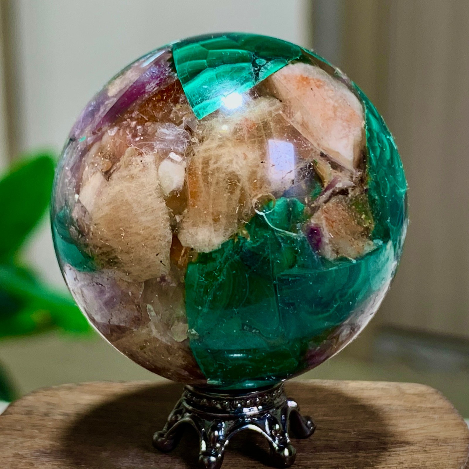 84G Newly discovered rare malachite purple mica symbiotic sphere restoration