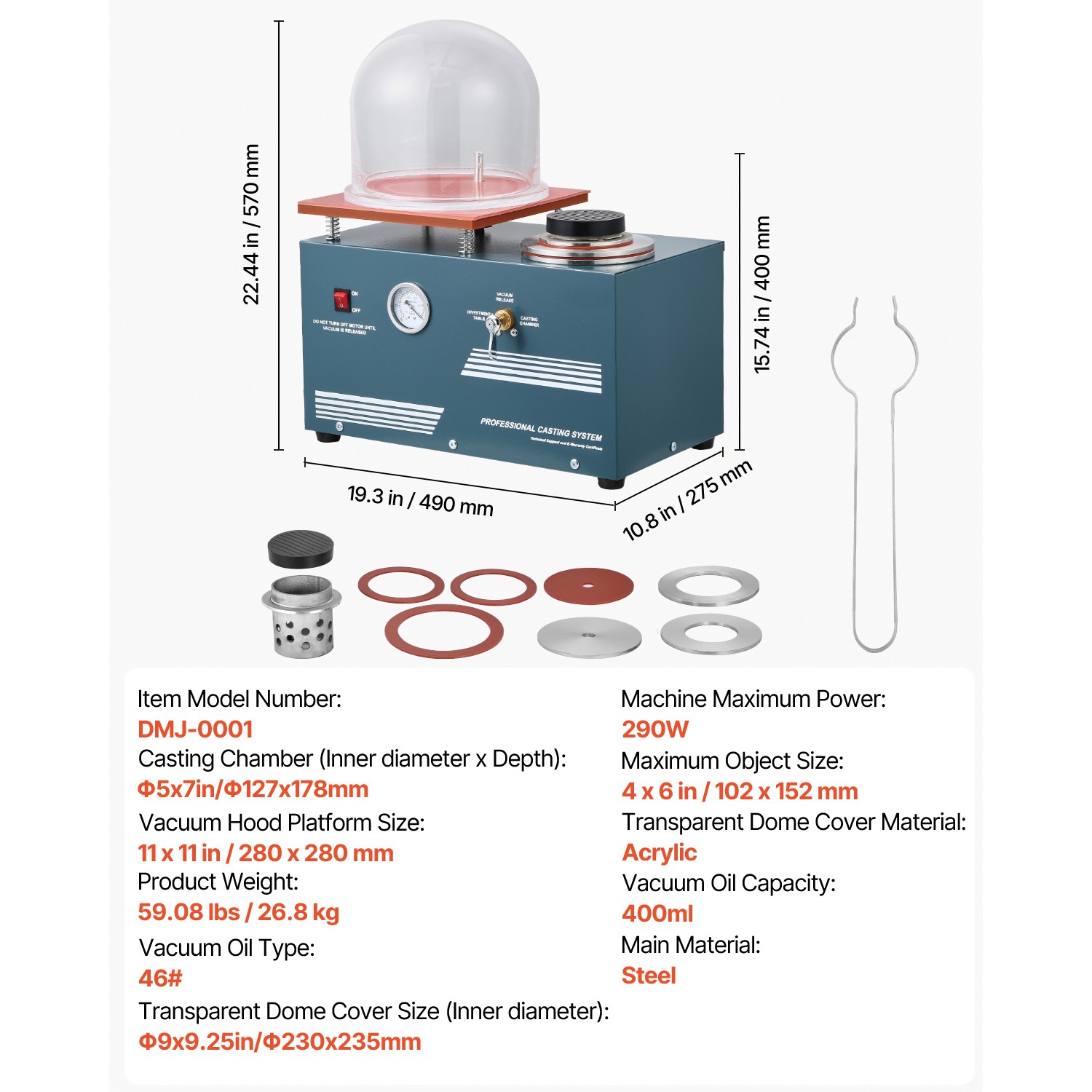 Vacuum Investing Casting Machine 290W Power 3 CFM Pump and Bell Jar for Jewelry