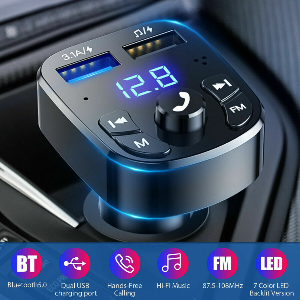 Bluetooth 5.0 Car Wireless FM Transmitter Adapter 2USB PD Charger AUX Hands-Free