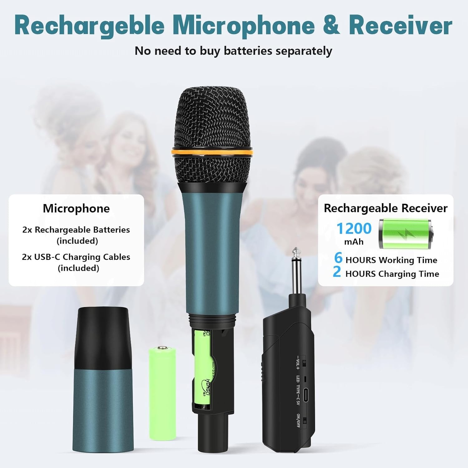 Wireless Microphones, UHF Metal Rechargeable Cordless Dynamic Mic System with Au