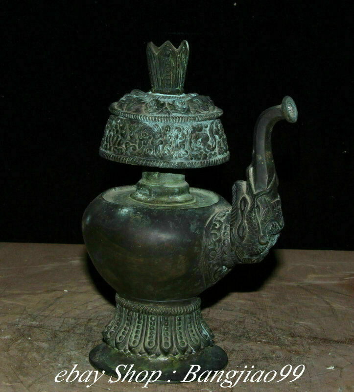 8" Marked Old China Bronze Dynasty Palace Dragon Beast Handle Kettle Pot Flask