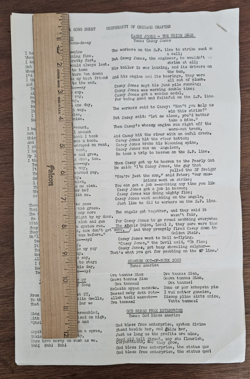 1950 SDA Students for Democratic Action Univ. of Chicago song sheet ADA student