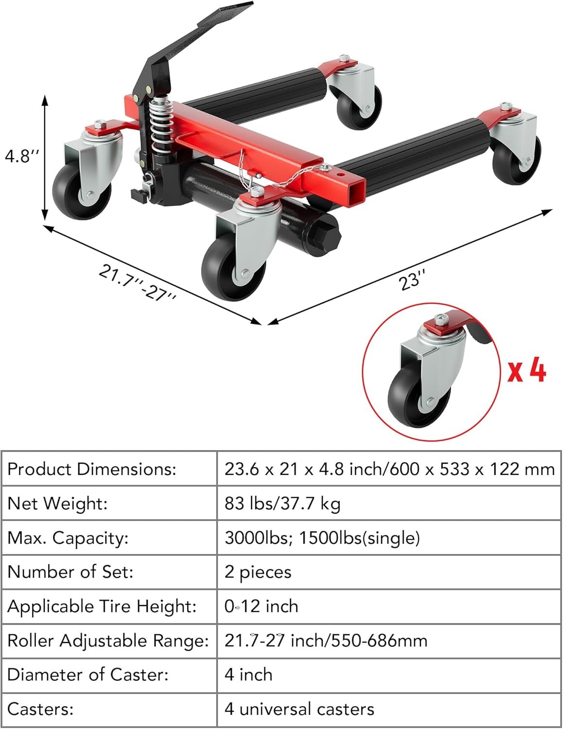 4PCS Hydraulic Car Wheel Dolly 3000LBS Vehicle Dollies with Foot Pedal Moving