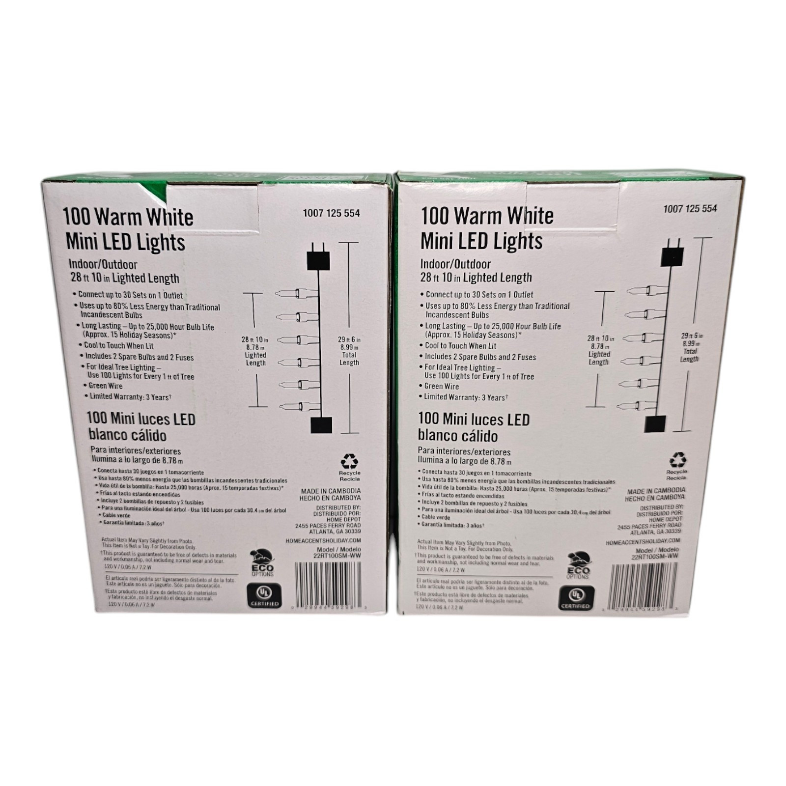 2 Pack Home Accents Holiday 100ct Warm White LED Mini String Lights 28FT 10IN