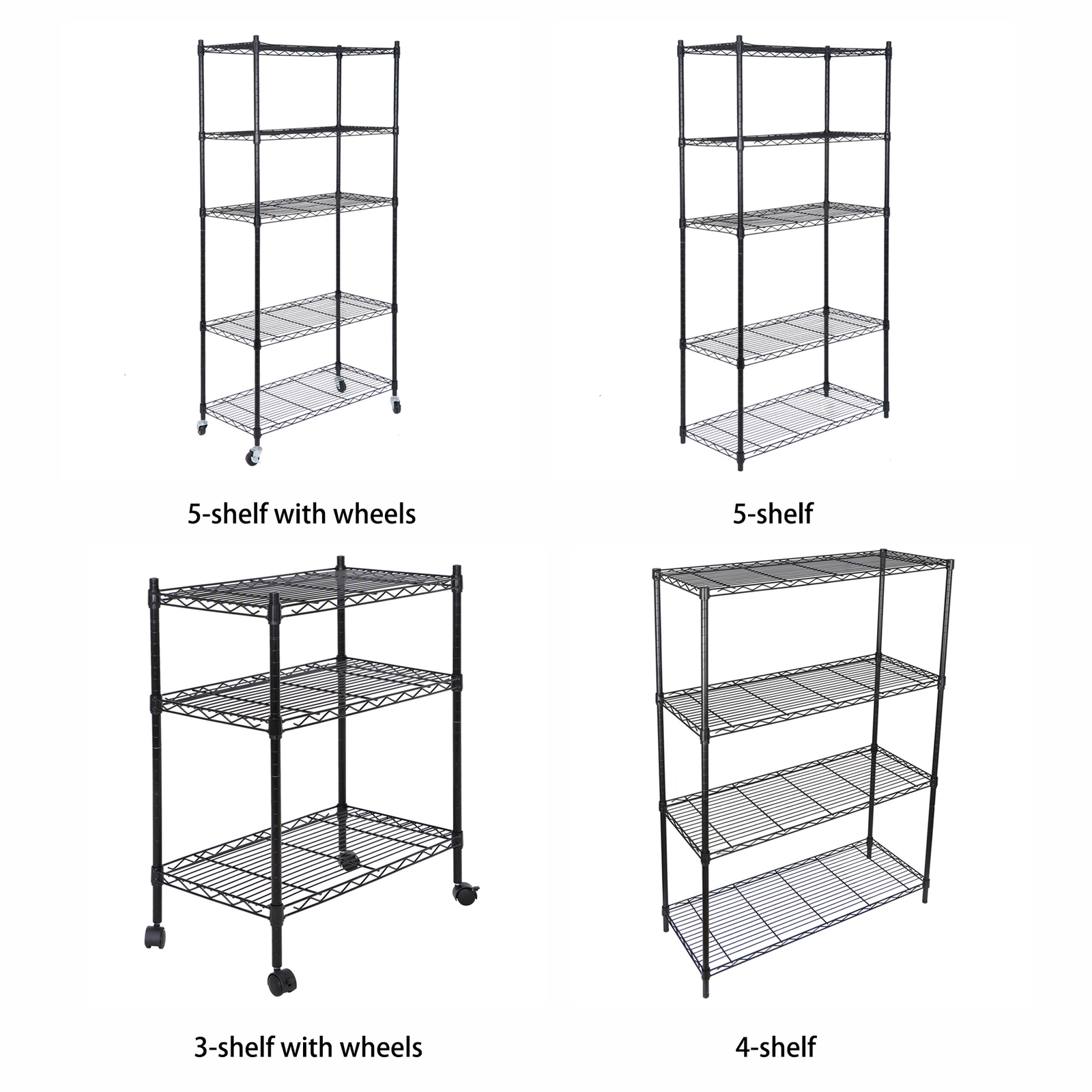 3/4/5-Tier Shelves Wire Unit Rack Large Space Storage Rolling Wire Shelving Blac