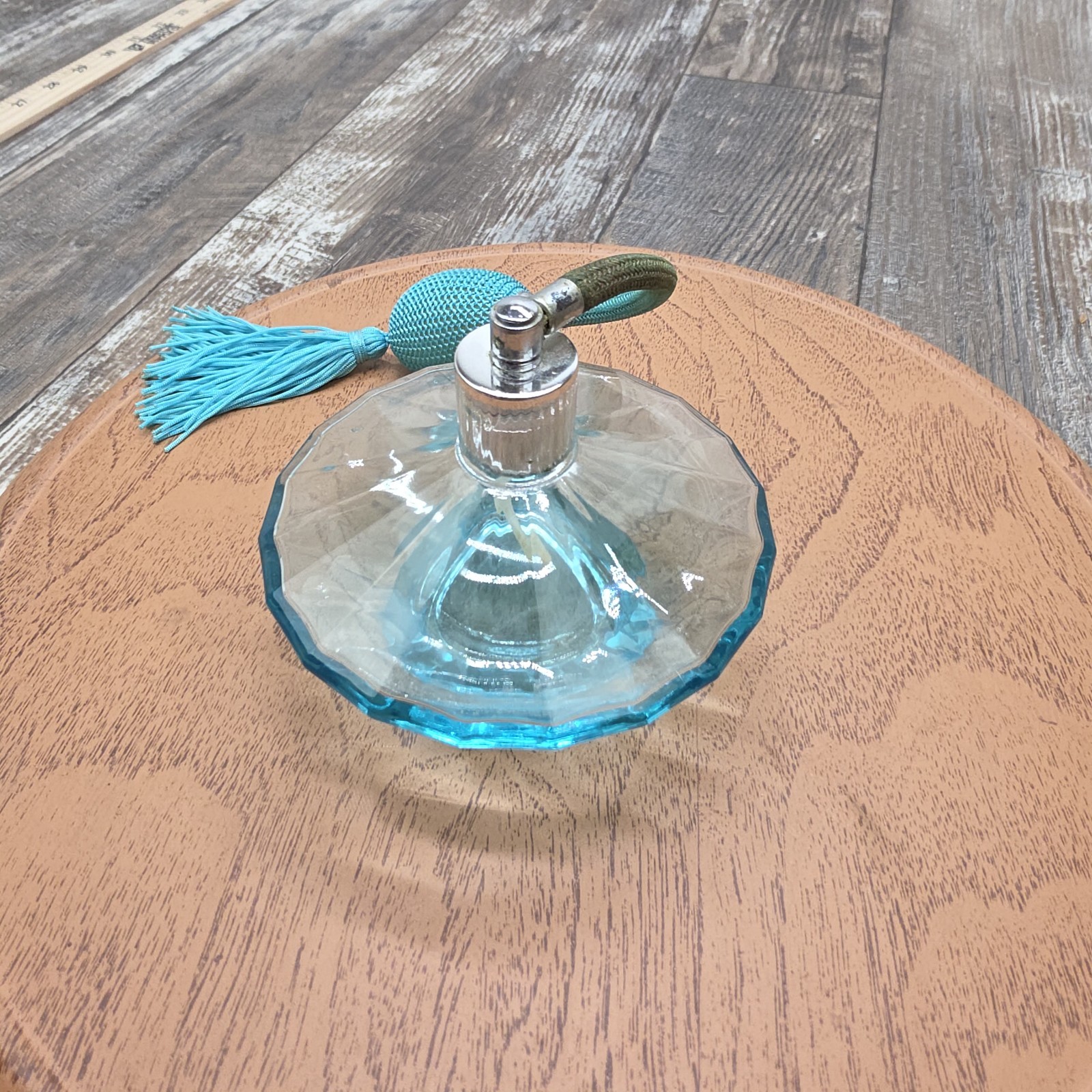 Vintage 4" Diameter Blue Perfume Bottle Atomizer With Tassle Glamor Era