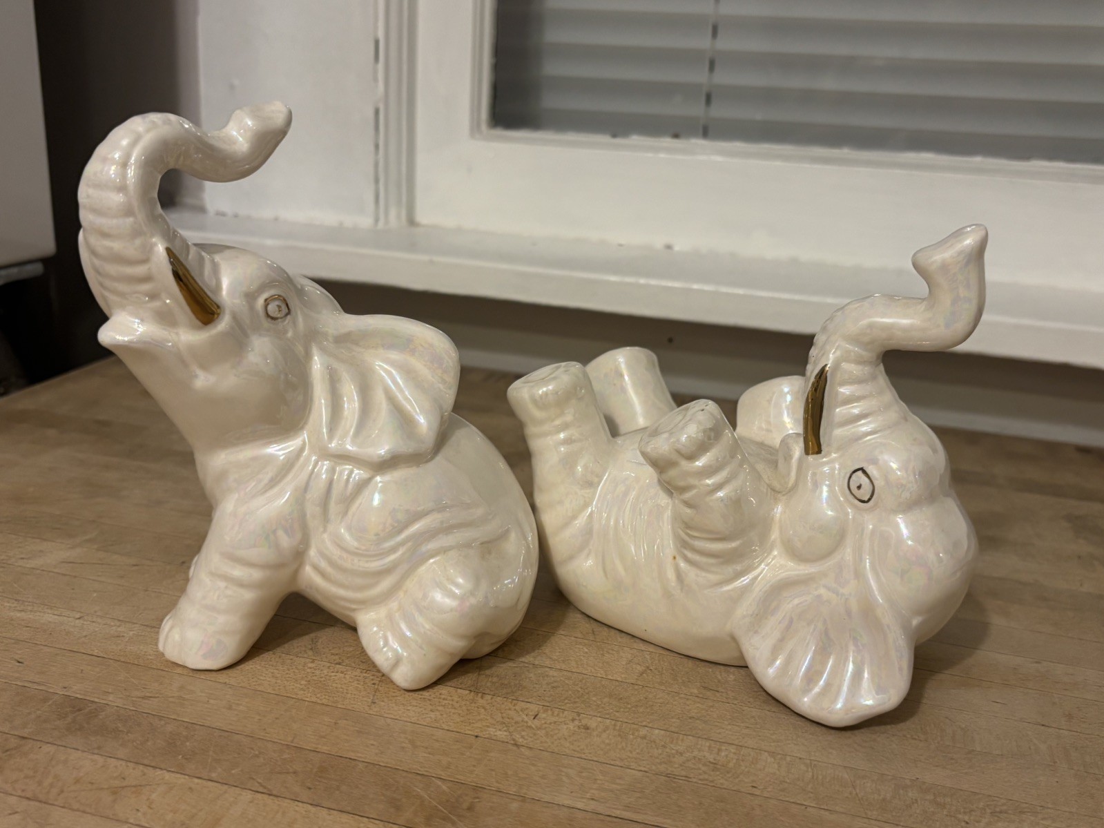 Vtg Lustreware Elephant Figurine 1950's Trunk Up LusterWare Gray & Pink MCM set