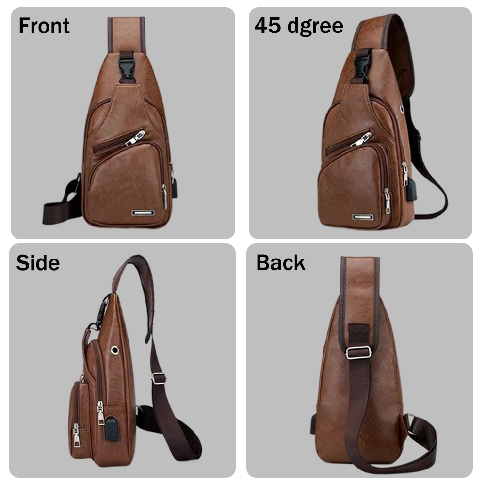 Mens Sling Backpack PU Leather Cross Body Chest Bag Fanny Packs USB Charging NEW