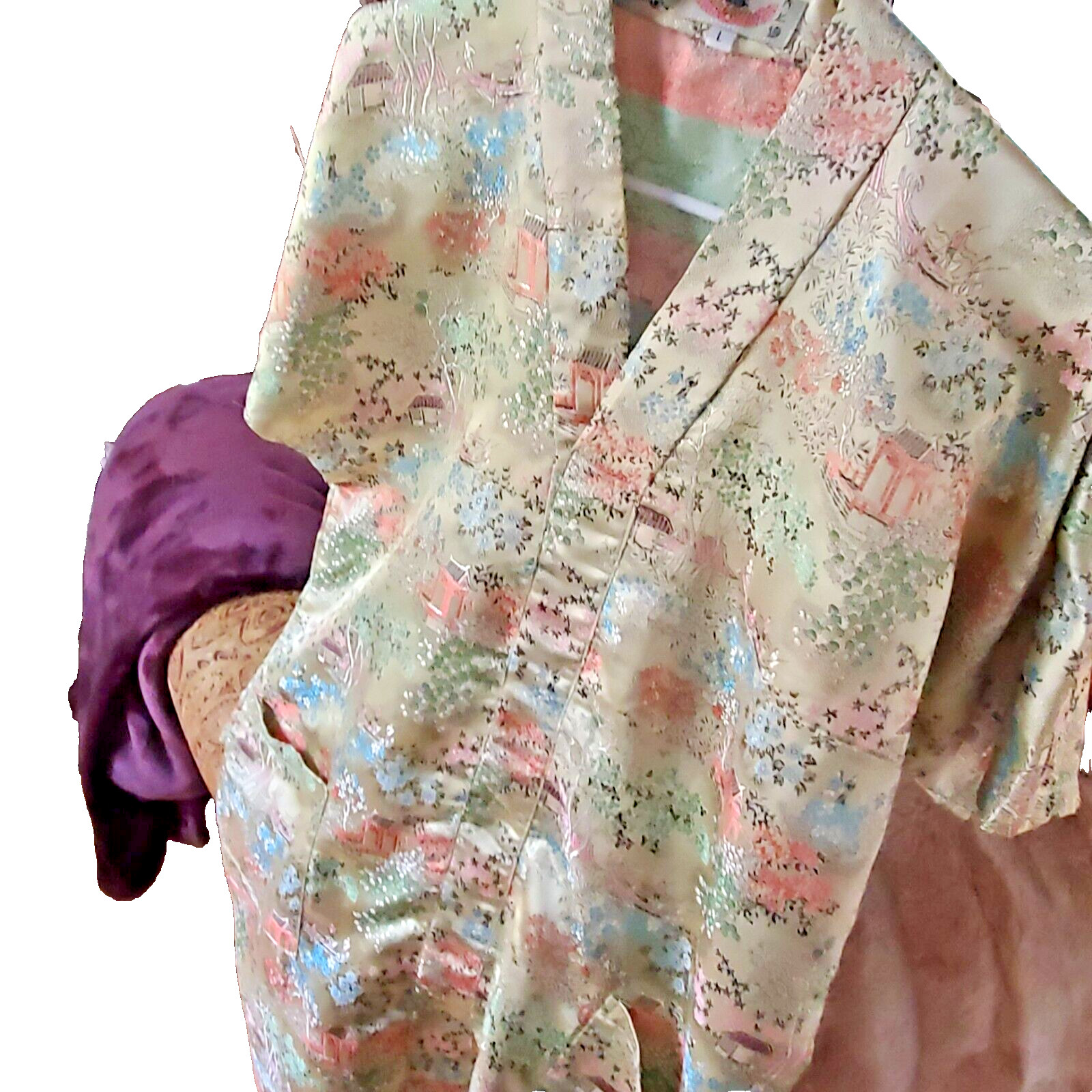 Greater Shanghai Hi-Low Kimono House Dress Vintage V-Neck Gold Brocade Size L