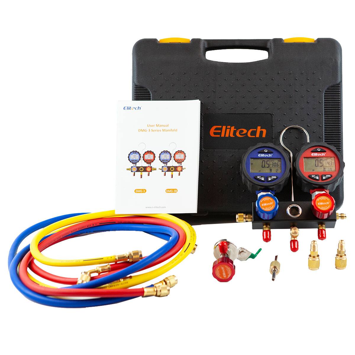 Elitech HVAC Manifold Gauge Set w/Hoses Coupler Adapter Carrying Case DMG-3B