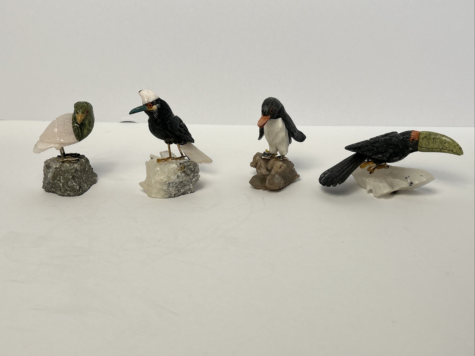 Carved Stone Birds on Quartz (4) Different Species Colorful Unique Different