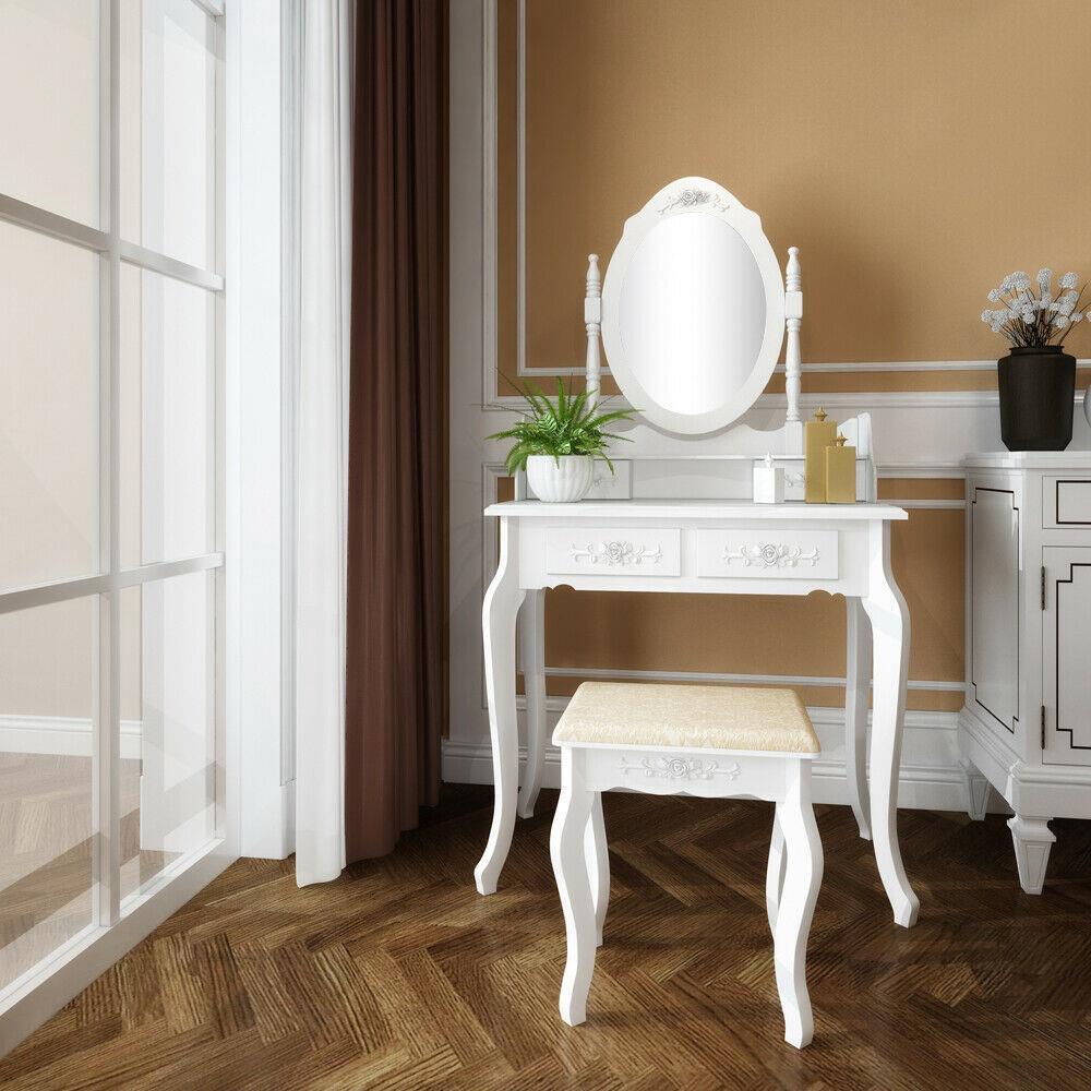 White Vanity Makeup Dressing Table Set w/Stool 4 Drawer&Mirror Jewelry Wood Desk