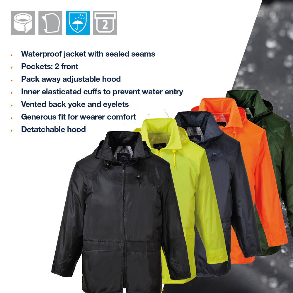 Portwest US440 Mens Waterproof Rain Jacket Lightweight Coat Pack Away Hood