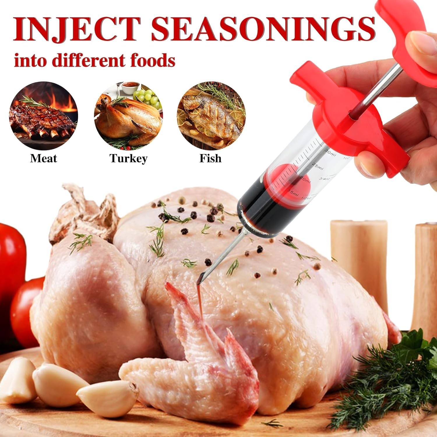 Meat Injector Syringe,1-oz Plastic MarinadeTurkey Injector Kit,2 Marinad Needles