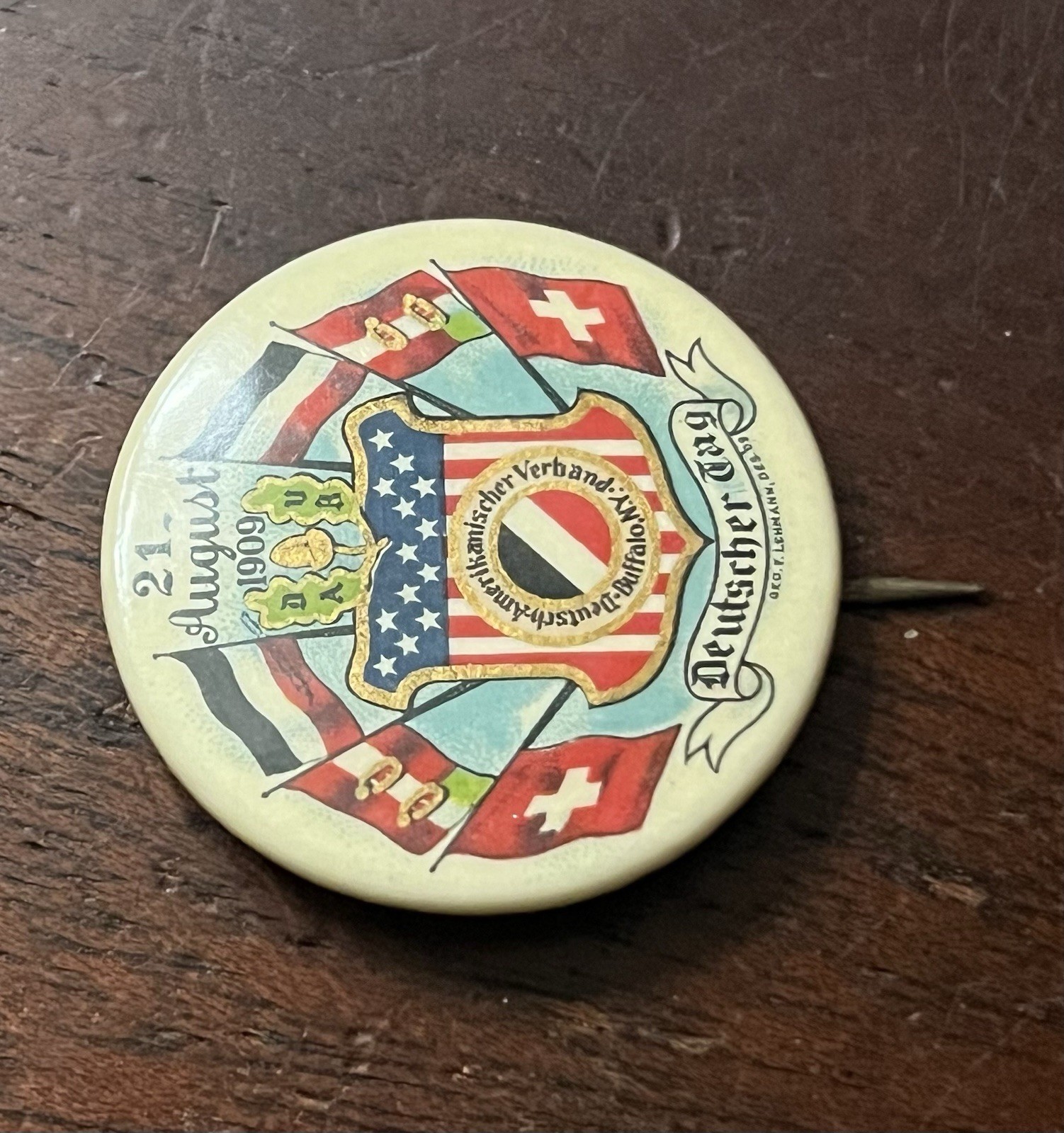 Deutscher Tag, Aug 1909 Pinback Button 1.25 in Dia Buffalo NY . Backing Paper