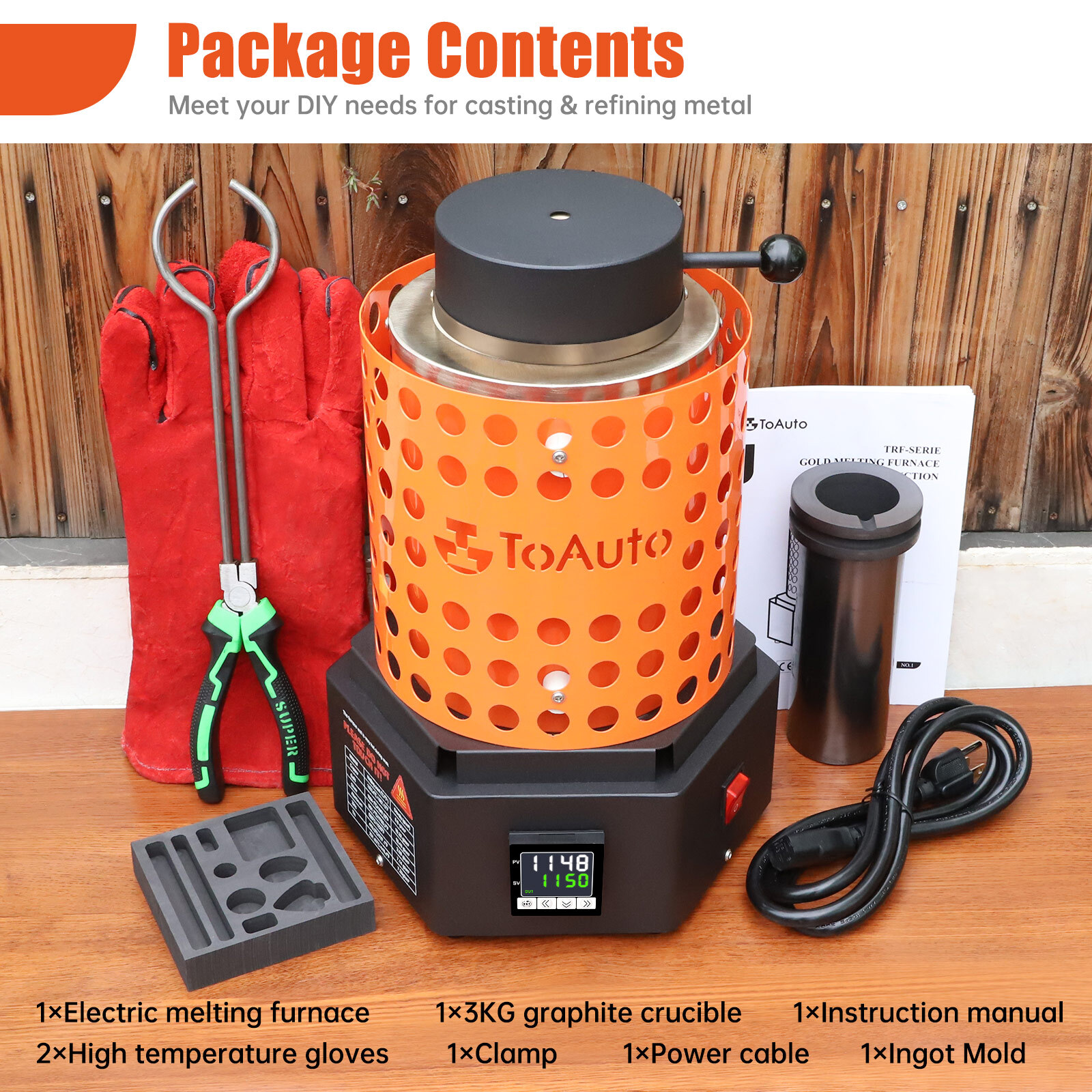 TOAUTO 3KG Electric Melting Furnace Gold Metal Smelter 2102℉ Crucible Ingot Mold