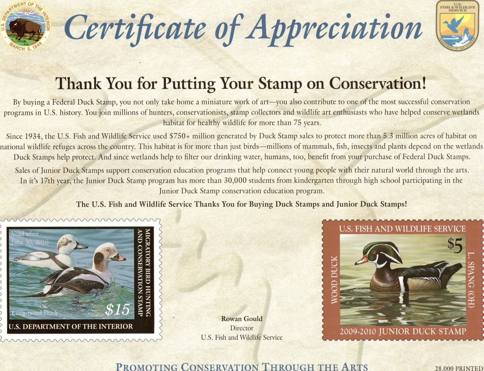 RW76 & JDS17  Fed / Jun Duck Stamp Appreciation Card. No Stamps.#02 RW76JDS17app