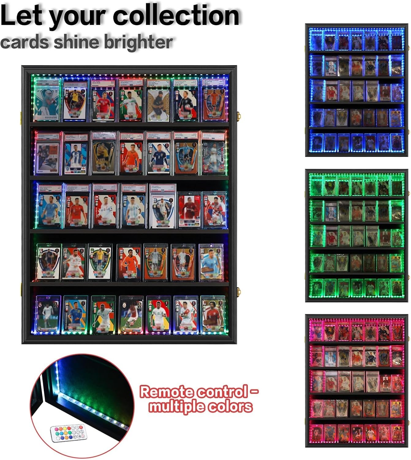 Graded Trading Card Display Case 35 LED Light Sport PSA Slabs Wood Wall Cabinet