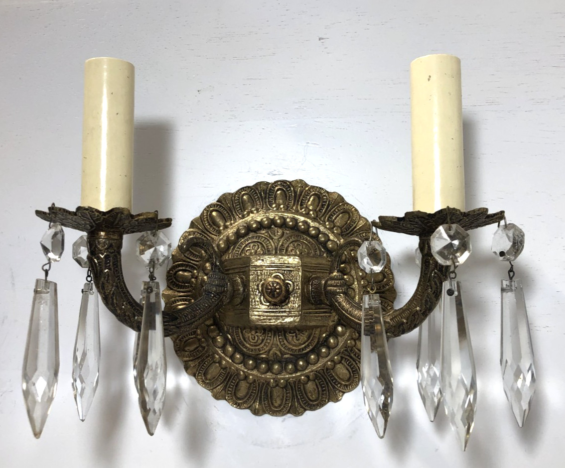 Vtg Wall Sconce Pair Brass Light Fixture French Art Glass Prism Spain MCM #L10