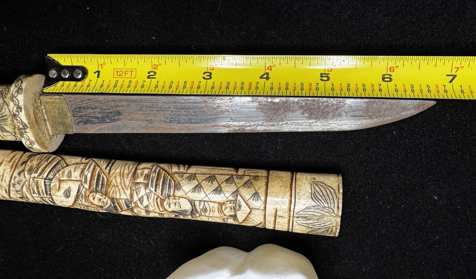 Antique Japanese Meiji Prd. Carved Tanto Dagger Sword w/ Scabbard Brass Mnt