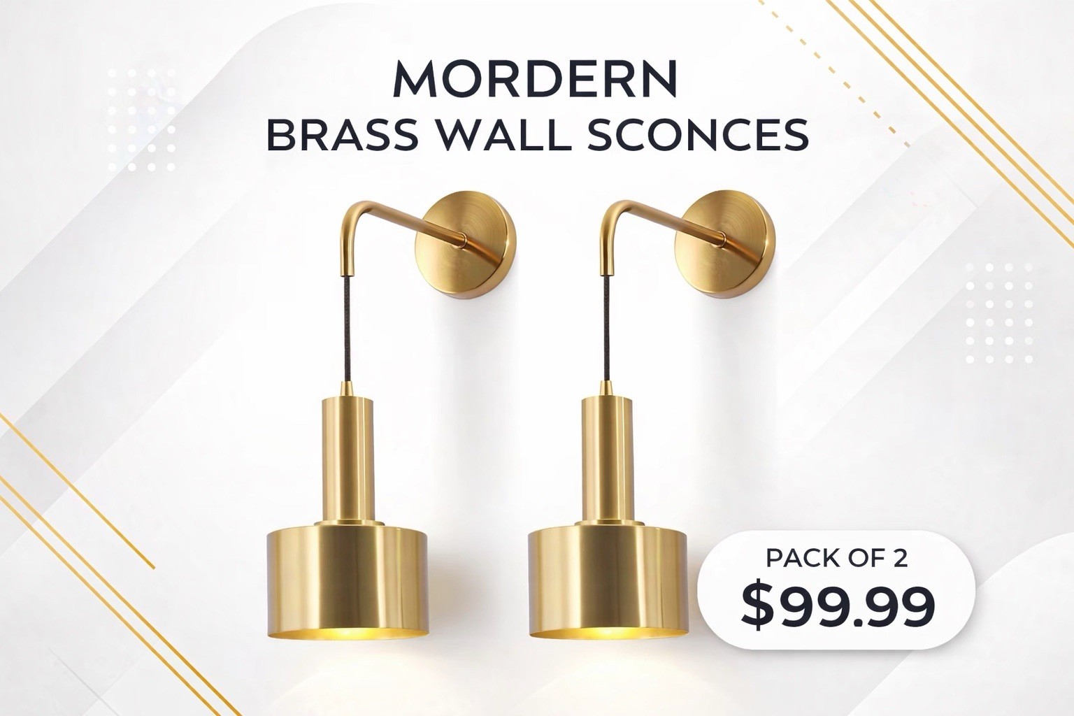 Modern Gold Wall Sconce Light Set of 2 LED Brass Wall Lamp Indoor Lighting