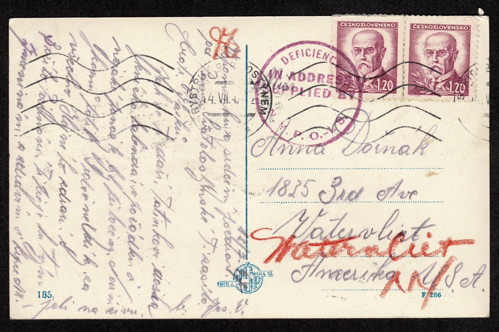 CZECHOSLOVAKIA  To US 1946? Postcard 1921  2 1.20 rose  Address Deficiency