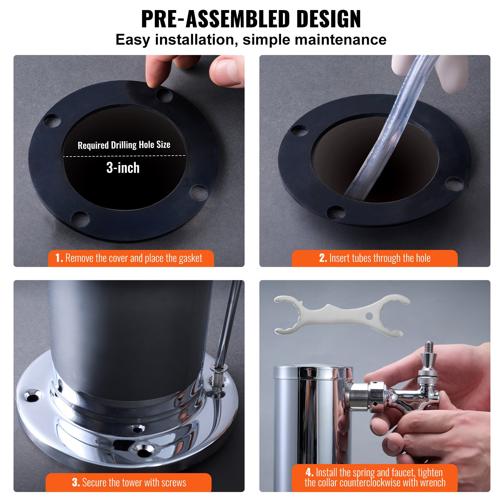 3 Tap Kegerator Beer Tower Stainless Steel Insulated Self-Closing Faucets Kit