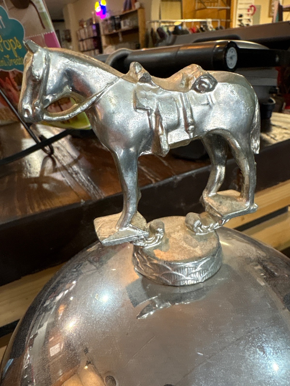 1950s Round Chrome Lidded Mini Tabletop Bar With Metal Sculpture Atop