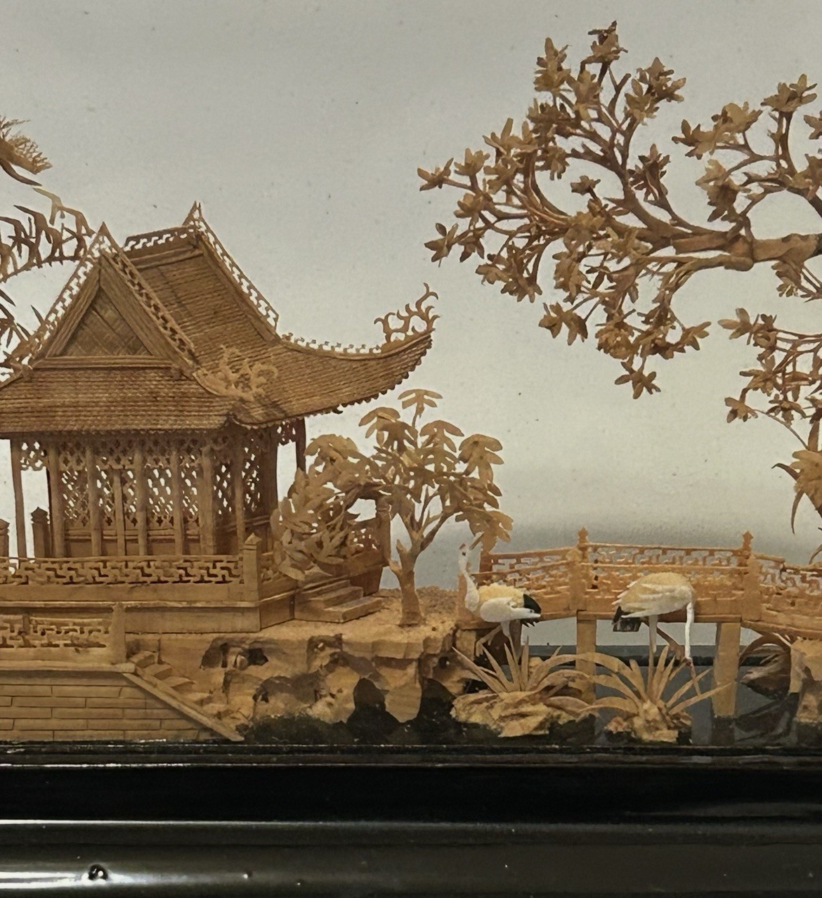 Vintage Chinese Cork Diorama Scenic Art in Glass Frame, Fujian China