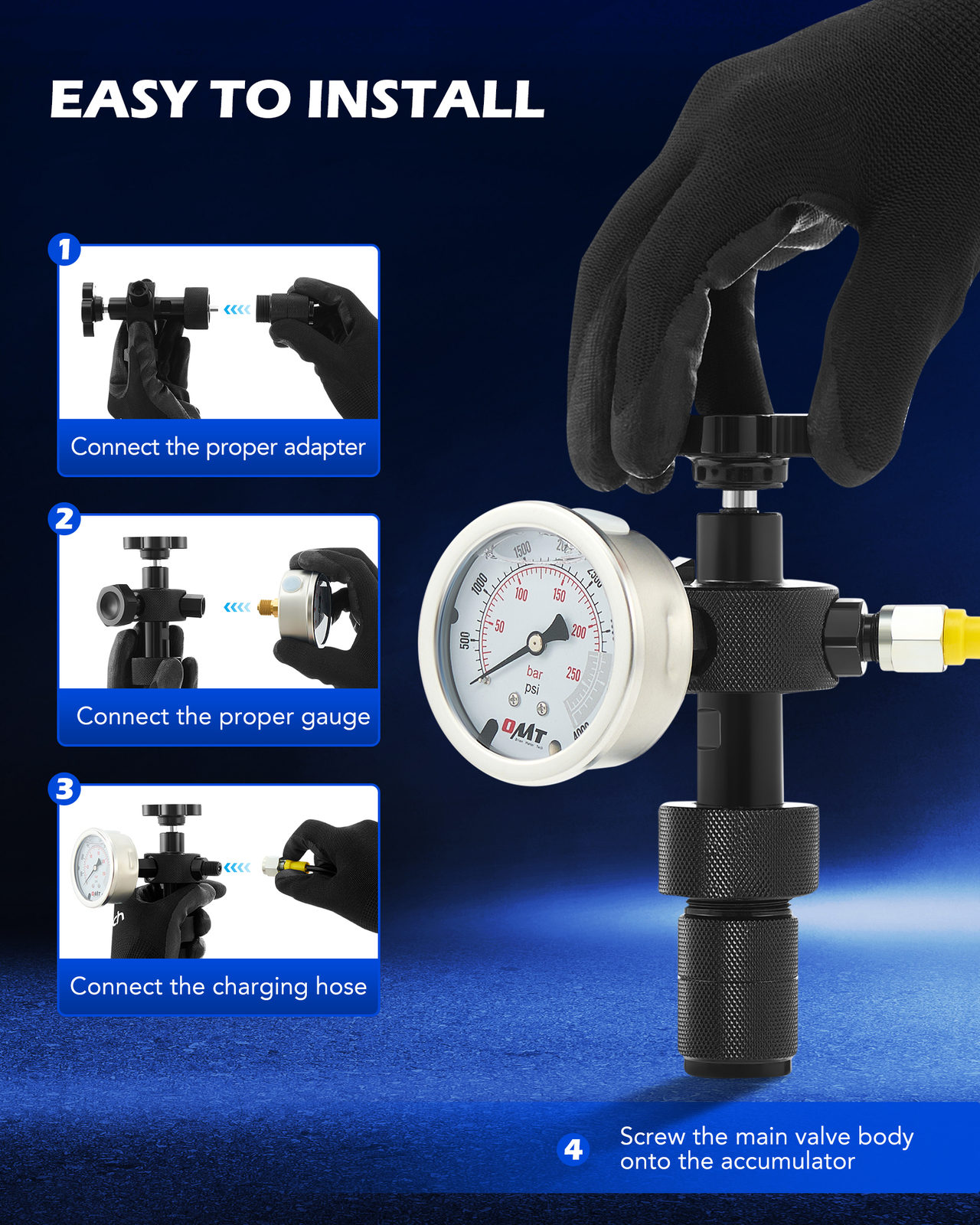OMT Hydraulic Nitrogen Accumulator Charging Kit with 3 Gauges Gas Valve Test Kit
