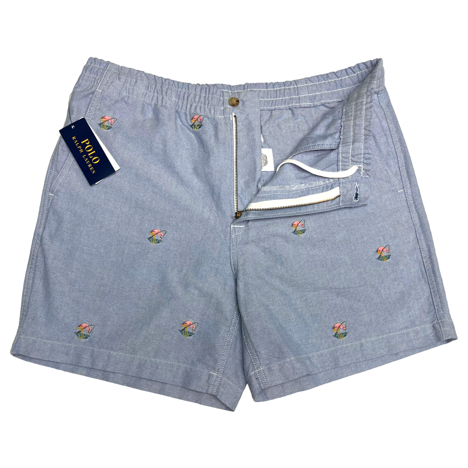 Polo Ralph Lauren Classic Fit 6" Oxford Short Flamingo Embroidery Blue $125 NOLA