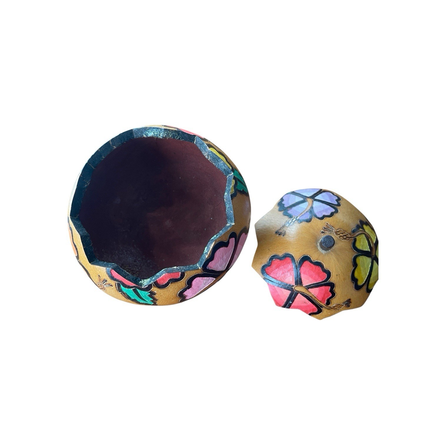 Peruvian Hibiscus Bowl Hand Carved Gourd Floral Trinket Lid Lucuma Folk Art Deco