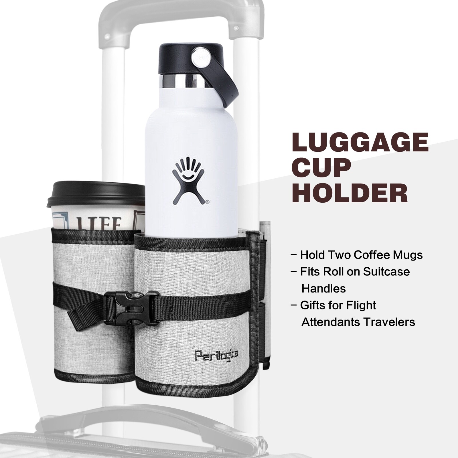Travel Luggage Cup Holder For Hands Free Traveling. Fits Cups, Mugs, Bottles.