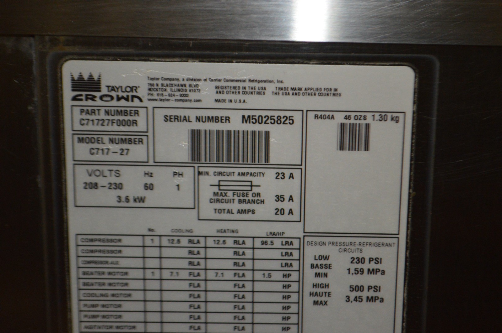 Taylor Crown C717-27 Air Cooled Soft Serve Ice Cream Machine - Single Phase